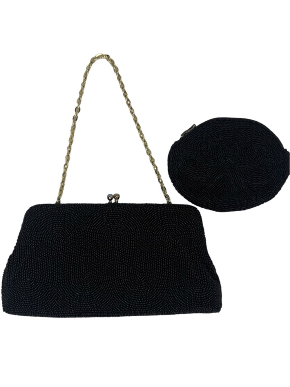 Vintage Black Beaded Kisslock Clutch Handbag and Coin Purse Set Made in Japan